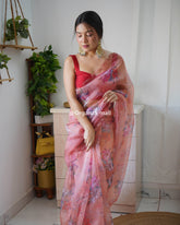 Super Peach Printed And Cut Work Pure Soft Organza Saree